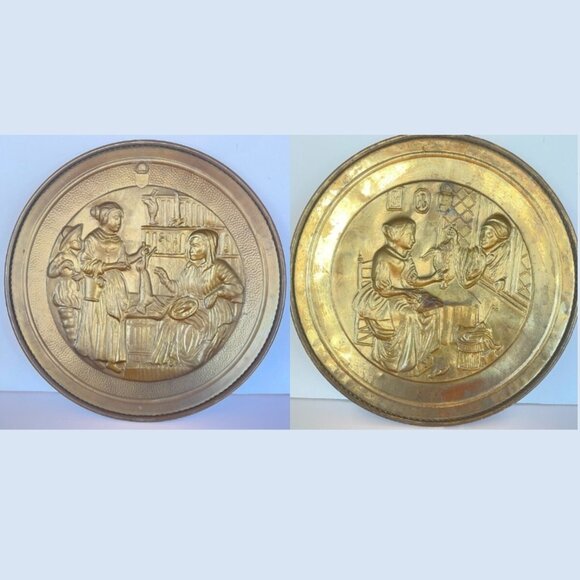 2 Vintage Embossed Brass Wall Plate Plaque of 16th Century Maids Preparing Meals - Picture 1 of 7